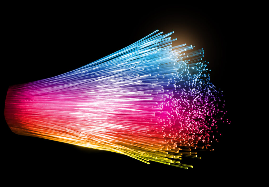 Neon rainbow coloured fibre optic cables